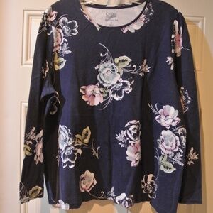 WOMENS 1X NAVY BLUE FLORAL LONG SLEEVE SHIRT